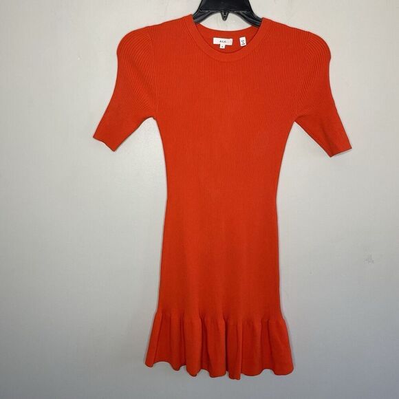 A.L.C. Vance Dress Women Small Orange Stretch Knit Sheath Mini Ruffle Hem - Picture 2 of 13